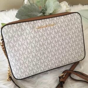 Michael Kors White and Brown Large Jet Set Crossbody Bag